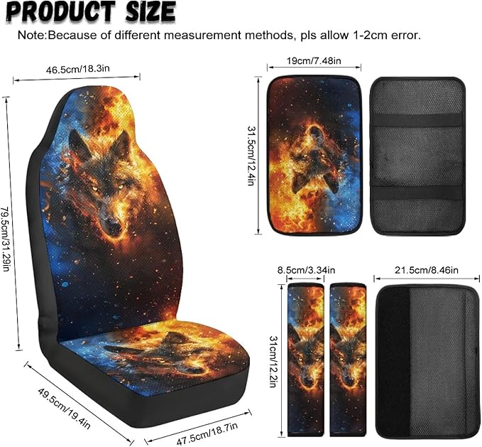 Qeluxign Fire Wolf Head PU Leather Car Seat Cover Set of 5 Auto Accessories 2 Front Bucket Seat Covers, 2 Seatbelt Pads & 1 Armrest Cover, Easy to Install