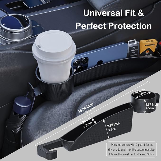 Car Seat Gap Plug with Storage Slot, Auto Gap Filler Organizer with Cup Holder, Universal Carseat Side Gap Filler Strip 2 Pack Between Front Seats & Console, Anti-Drop Pad with Seatbelt Holes, Black