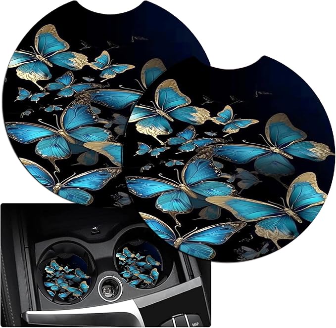 JANENFNA Car Armrest Cover Pads Universal Fashion Cute Auto Center Console Armrest Cover Pad with 2PCS Car Coasters Soft Waterproof Car Armrest Seat Protector for Women,Blue Golden Butterflies