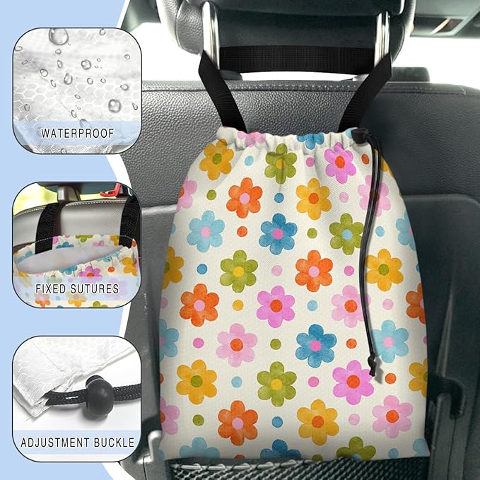 GEGEPINK Car Trash Bag Hanging Back of Seat Waterproof Small Cute Printed One-Handed Strap Drawstring Garbage Bags for Car-Flower