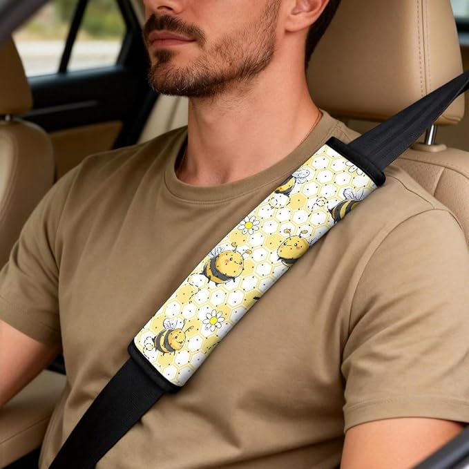FUSURIRE Universal Yellow Bee Car Interior Accessory Set 5Pcs PU Front Seat Covers, Seat Belt Covers & Center Armrest PadFit for SUV Truck Van Year Round Use