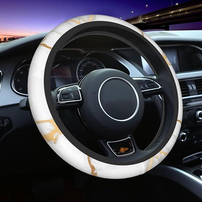 White Marble Steering Wheel Cover for Women Men Girls Car Accessories Decor Anti-Slip Neoprene Auto Steering Wheel Covers Protector Universal 15 Inch