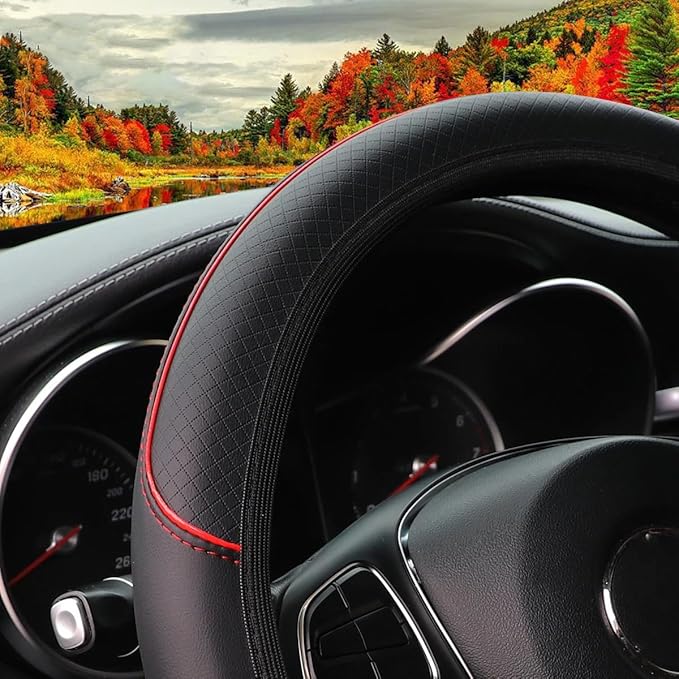 Queenbox Faux Leather Car Steering Wheel Cover, Anti-Slip Grip Diamond Quilted Protector Universal for 14.5-15in Round D Vehicle SUV Truck, Black Red