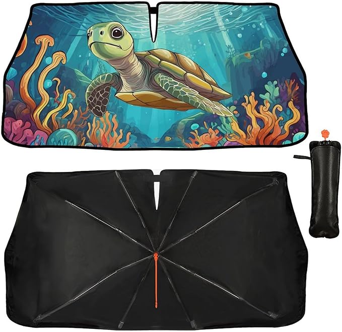 DOPINDU Turtle Car Windshield Sun Shade Umbrella Bendable Handle Foldable Funny Sunshade for Car Windshield Block UV Rays Keep Vehicle Cool for Most Sedans SUV Trucks Cars 57"x30"