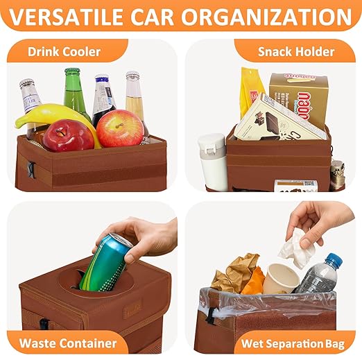 Vankor Car Trash Can, Brown, 2.2 Gallons Capacity, Waterproof, Polyester Material, Adjustable Strap, Hanging Design, Leakproof Lining, 100% PEVA Thickness