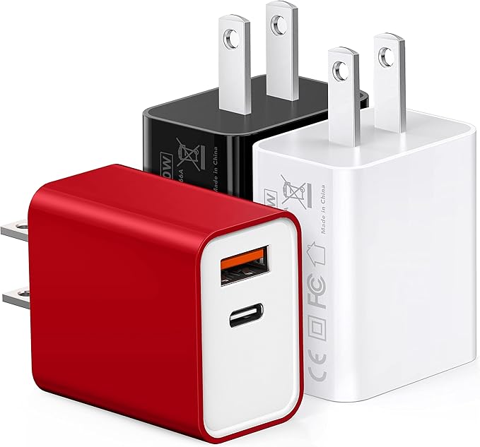 3 Pack 20W PD USB Charger, Dual-Port USB-C Wall Charger Plug in Block Station Type c Box Supper Fast Charging Brick for iPhone, Samsung Galaxy, Google Pixel, Motorola, Oneplus Kindle Cargador Cube