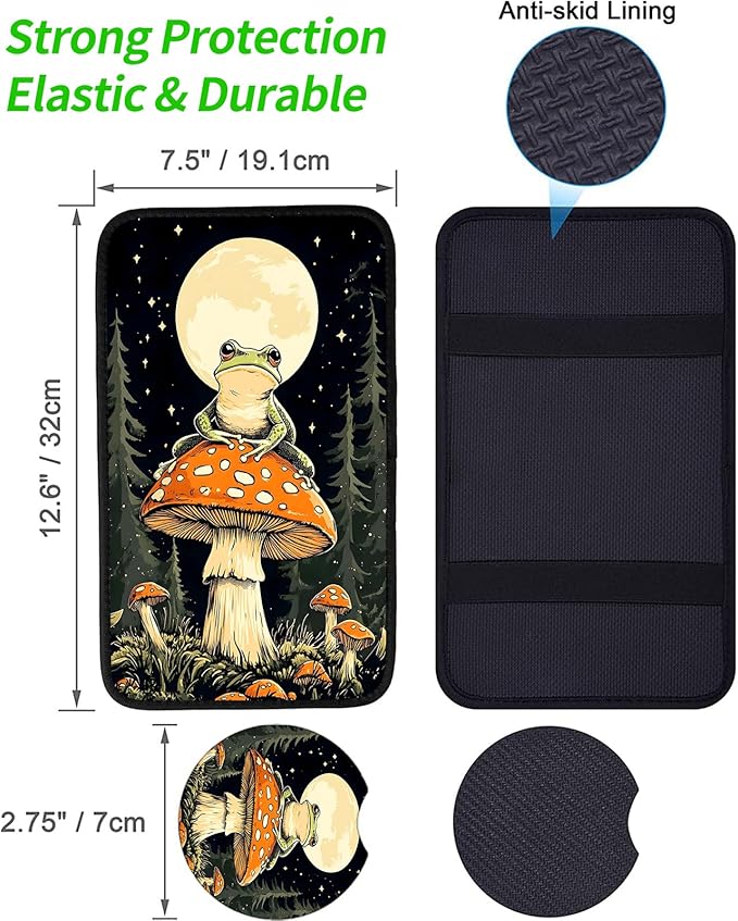 JANENFNA Car Armrest Cover Pads Universal Fashion Cute Auto Center Console Armrest Cover Pad with 2PCS Car Coasters Soft Waterproof Car Armrest Seat Protector for Women,Frog on Mushroom