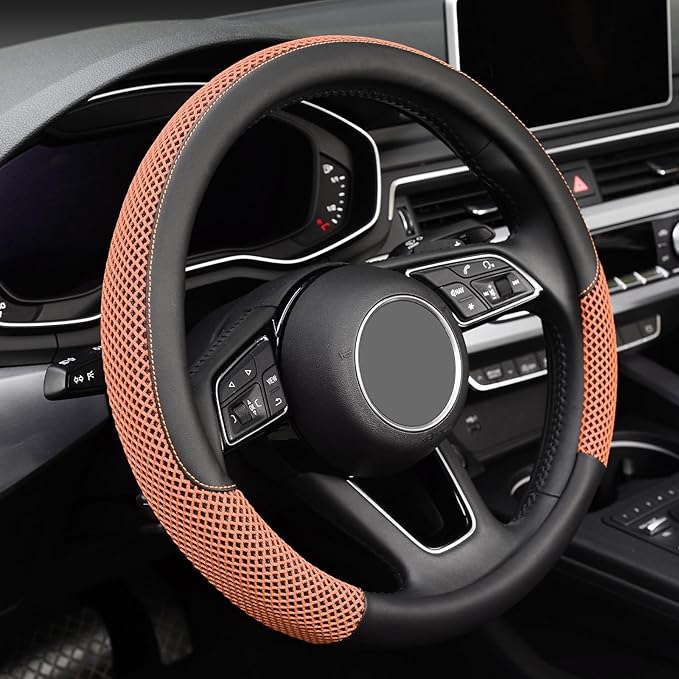 KAFEEK Steering Wheel Cover, Universal 15 inch, Microfiber Leather Viscose, Breathable, Anti-Slip,Warm in Winter and Cool in Summer, Black&Brown