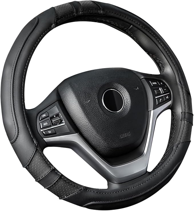 Achiou Black Car Steering Wheel Cover Universal 15 inch with Grip Contours, Leather Auto for Men and Women Non-Slip Breathable Soft and Comfortable