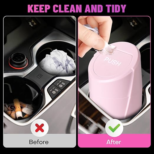 SGLRT Car Trash Can Bin with Lid - Car Garbage Can Cup Holder - Pink Mini Leakproof Vehicle Garbage Bin with 20pcs Trash Bags - Automobile Organizers and Storage for Front Back Seat Accessories