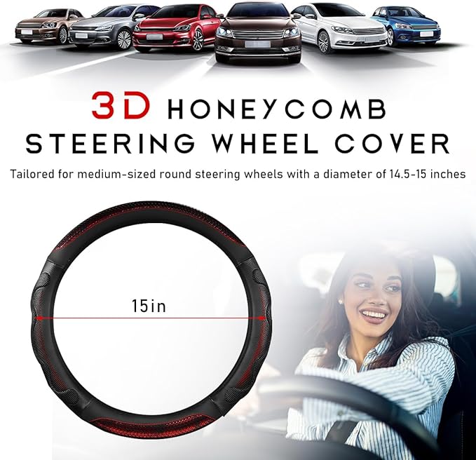 Car Steering Wheel Cover, 15 Inches 3D Honeycomb Design Car Steering Wheel Protector with Comfy Grip, Breathable Anti-Slip D-Shaped Steering Wheel Sleeve for Most Vehicles (Red, Round)
