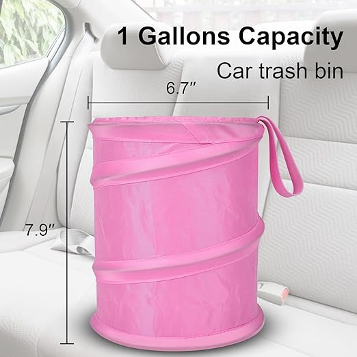 Kincown Car Trash Can, 2 Packs Mini Collapsible Car Trash Bin for Front Back Seat, Pop up Garbage Can, Portable Bag Hanging for Vehicle SUV Rv Truck Accessories Interior, Pink