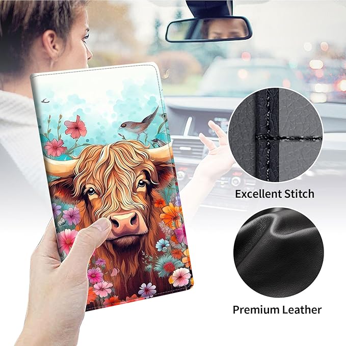 Qindaiwen Car Registration and Insurance Holder, Vehicle Card Document Elastic Band Closure Glove Box Organizer, Driver License Cards, Car Accessories for Essential Info, Cow Flowers