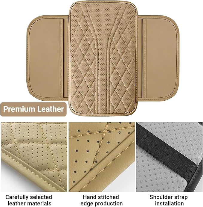 KoiLuvGo Upgraded Car Center Console Cover, Leather Auto Armrest Cover with 2 Storage Bags, Waterproof Center Console Protective Pad, Universal Cars Armrest Storage Box for Sedan, SUV, Truck (Beige)