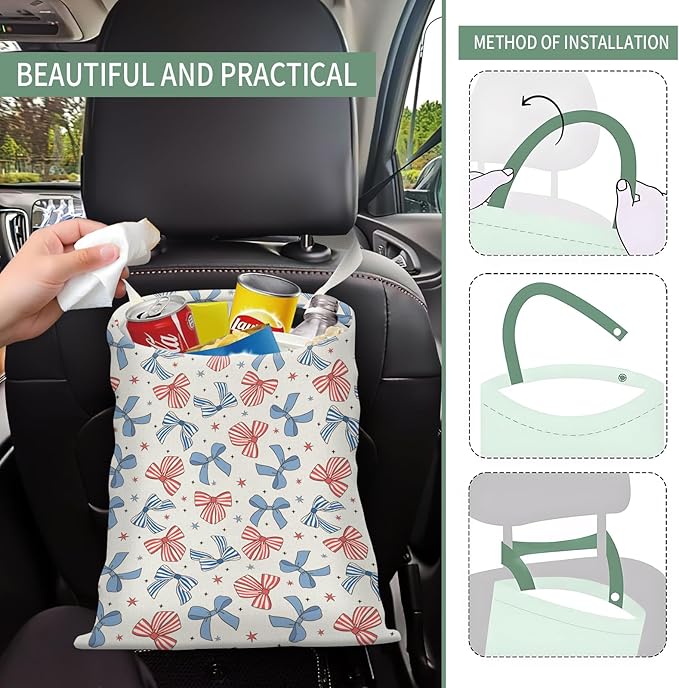 AXZOPDE Cute Car Trash Can, Hanging Canvas Car Back Seat Organizer and Storage Bag, Funny Car Trash Bag for Travelling, Outdoor Cute Blue Red Bow