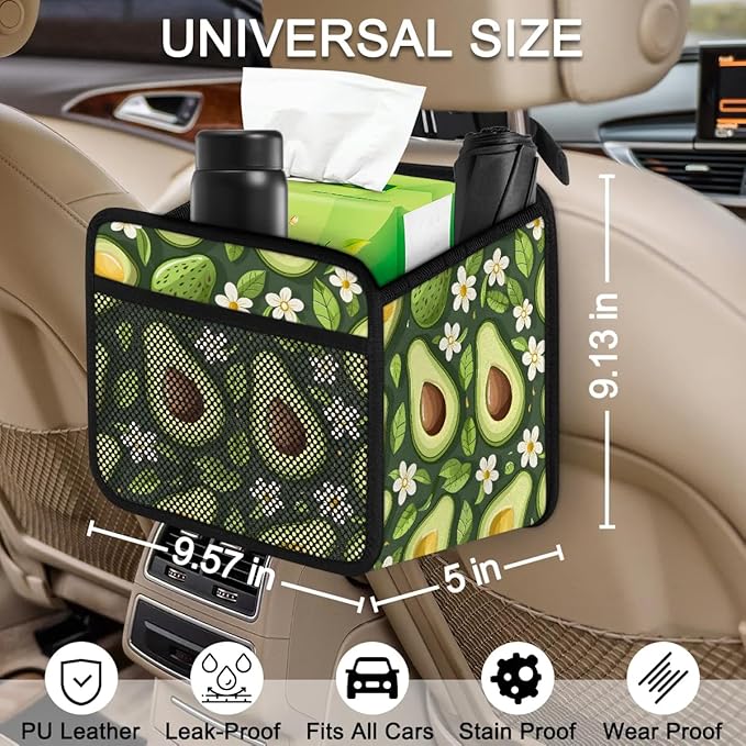 Green Avocado Flower Car Backseat Organizer PU Leather Automotive Back Seat Storage Bag Universal Hanging Garbage Box Travel Accessories Foldable