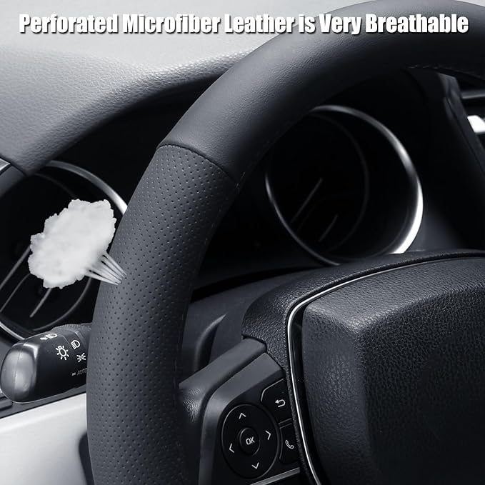 Mihecor Steering Wheel Cover Small Size 14-14.25 inch, Non-Slip Car Wheel Protector for Prius Civic Model 3 Model Y Camaro, Breathable Microfiber Leather, Black