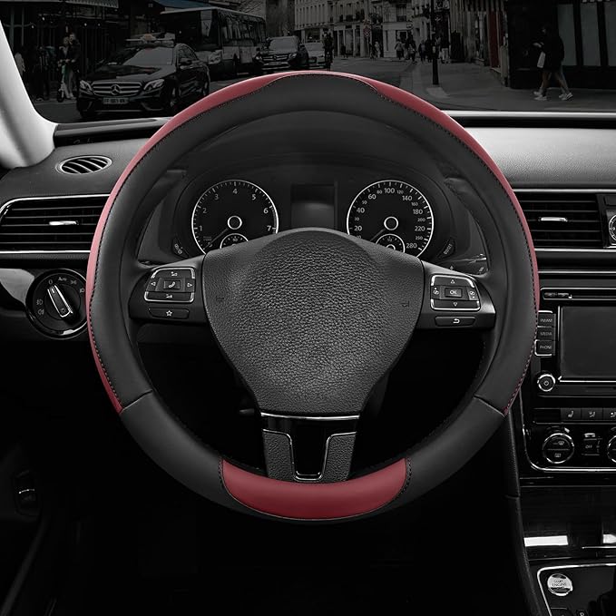 Road Comforts Steering Wheel Cover, Breathable Anti-Slip Leather Steering Wheel Cover, Universal Fit 14.5–15 Inch, Comfortable Grip - Redwine Color