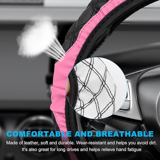Car Steering Wheel Cover, 15 Inches Non-Slip Leather Car Steering Wheel Protector, Universal Steering Wheel Soft Cover Mats for Car Truck SUV, Interior Car Accessories (Pink)