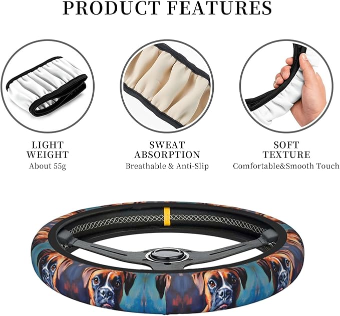 Animal Boxer Dog Portrait Neoprene Steering Wheel Covers Women Men Car Accessories, Universal 15 Inch Fit Auto, Suvs, Truck