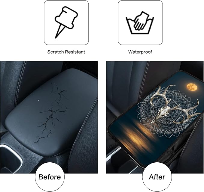 JANENFNA Car Armrest Cover Pads Universal Fashion Cute Auto Center Console Armrest Cover Pad with 2PCS Car Coasters Soft Waterproof Car Armrest Seat Protector for Women,Deer Buck Skull