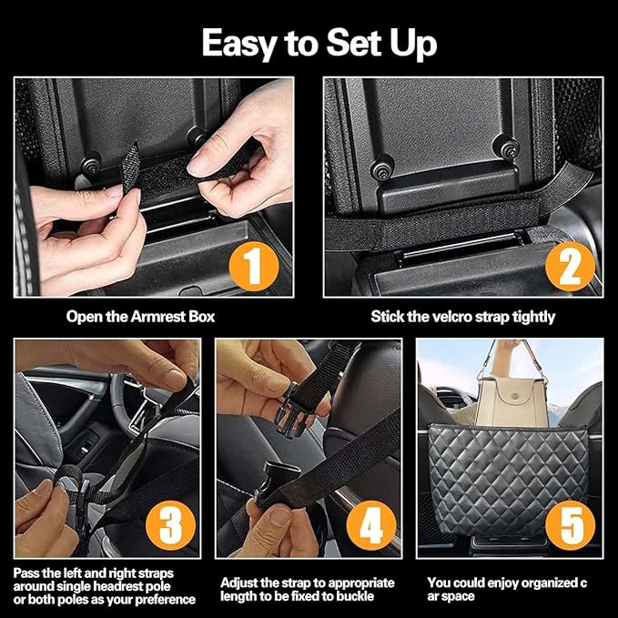 Car Net Pocket Handbag Holder Between Seats, Large Capacity Car Bag Purse Holder, with 2 Headrest Hooks, Heightened Front Railing, Leather Material, Reinforced Wiring, Rear Backseat Organizer