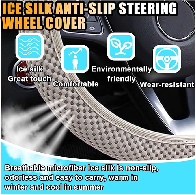 Stretch Elastic Steering Wheel Cover, All-Season Comfort, Warm in Winter & Cool in Summer, Universal 15 Inch Microfiber Breathable Ice Silk, Anti-Slip, Odorless, Easy Carry, Fit Car, SUV (Beige)