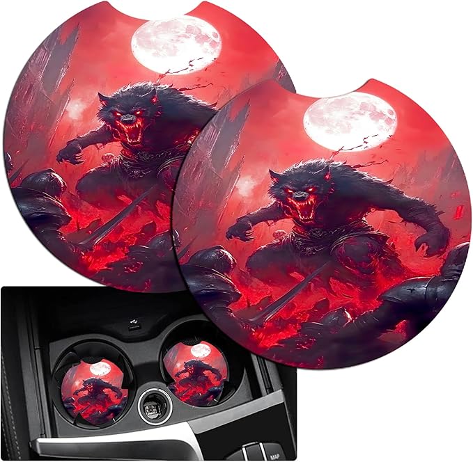 JANENFNA Car Armrest Cover Pads Universal Fashion Cute Auto Center Console Armrest Cover Pad with 2PCS Car Coasters Soft Waterproof Car Armrest Seat Protector for Women,Blood-Colored Giant Wolf