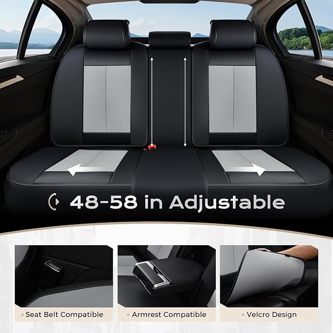 Coverado Seat Covers, Car Seat Covers Full Set, Leather Seat Covers for Cars, Car Seat Protector, Black Car Seat Covers Front Seats and Back Seats Universal Fit for Most Cars Gray
