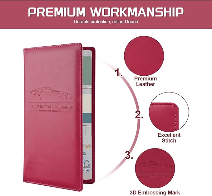 JUSTTOP 2Pack Car Registration and Insurance Holder,Car Document Holder for Cards License with Magnetic Shut,Vehicle Glove Box Car Organizer for Documents, Cards, License(Rose red)