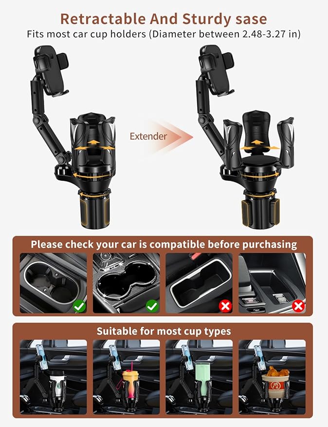 Phone Holders for Your Car, Adjustable Car Cup Holder Expander with Rubber Grip, Secure Hold, Multi-Scenario Use for Drivers, Commuters & Road Trips, Universal Fit for Up to 5.31'' Drinks/Mugs/Foods