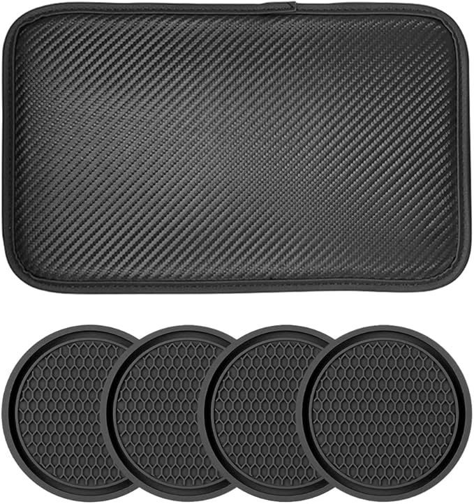 Auto Leather Center Console Cushion Pad, Waterproof Car Armrest Seat Box Cover with 4PCS Car Coasters for Cup Holder, Interior Protection Accessories for Most Cars, Vehicles, SUVs