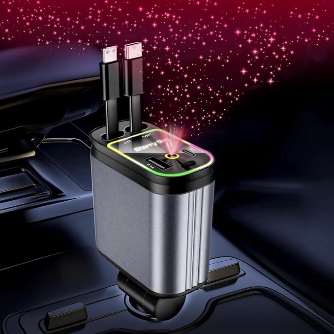Retractable Car Charger, 4 in 1 Fast Charging Car Charger USB-C & USB-A Compatible with iPhone 16/15/14/13/12/11,Galaxy,Pixel