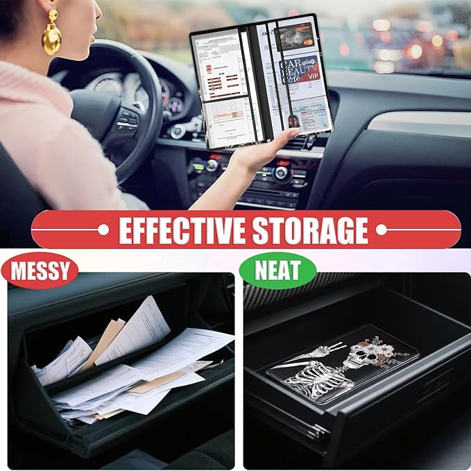 Car Registration and Insurance Card Holder for Women Men, Waterproof PU Leather Glove Box Car Organizer with Magnetic Shut, Vehicle Document Holder for Driver License, Skull Skeleton with Flowers