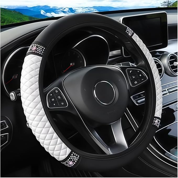 Bling Car Steering Wheel Cover, 15 Inch Crystal Rhinestone Elastic Stretch Leather Steering Wheel Protector, Vehicle Decor Accessories for Women Girls, Universal for RV, SUV, Truck (White)