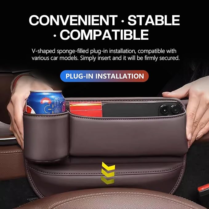 Car Leather Cup Holder Gap Bag, Car Seat Gap Filler Organizer with Water Cup Holder and Phone Charging Hole (White, Passenger Side)