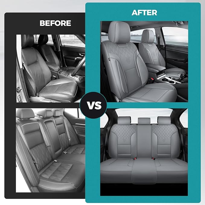 FEINEPRO Grey Car Seat Covers Full Set - Breathable Faux Leather Universal 5 Seat Covers for Cars, Automotive Protector Fit for Most Sedan SUV Pick-up Truck