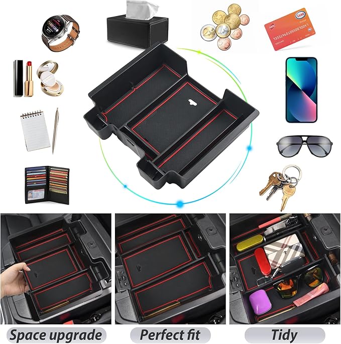 SKTU for 2019-2022 Silverado/GMC Sierra 1500 Center Console Organizer Insert ABS Black Materials Tray Armrest Secondary Storage Box Latest Interior Accessories with Coin and Sunglasses Holder (Red)