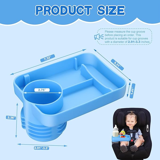 Car Seat Cup Holder Snack Tray - Silicone Food Trays for Travel with Expandable Soft Rubber Base Fits Most Cup Holders Portable Accessories Essentials for Small Fruit, Toys Blue