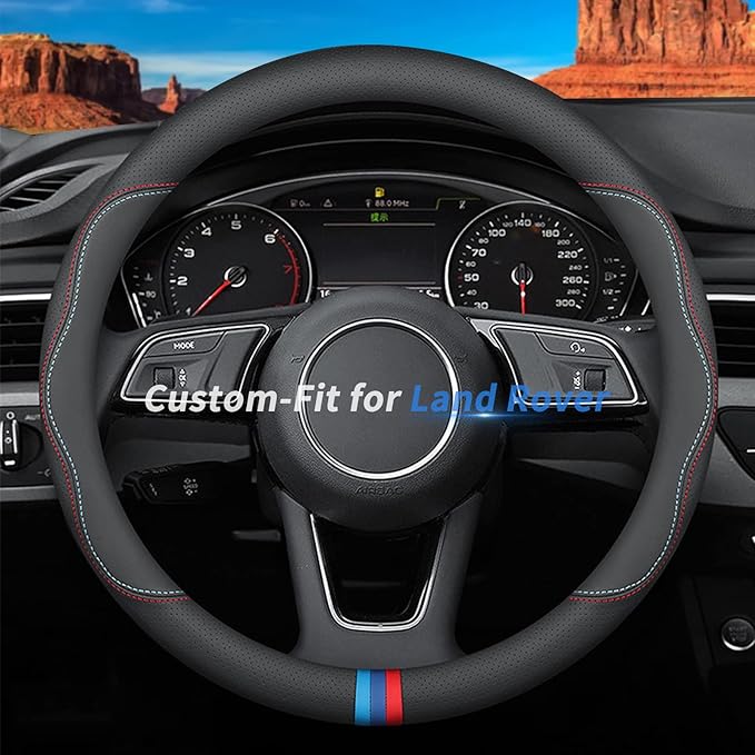 Custom-Fit for Land Rover Steering Wheel Cover, Premium Leather Car Steering Wheel Cover with Logo, Non-Slip, Breathable, for Land Rover Accessories (C-Style,for Land Rover)