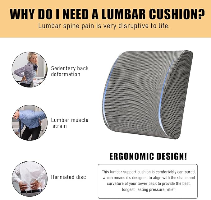 Lumbar Support Pillow, Memory Foam Back Support Cushion, Lumbar Pillow Improving Sitting Posture & Back Pain Relief Suitable for Car, Office Chair, Car Accessories (Gray)