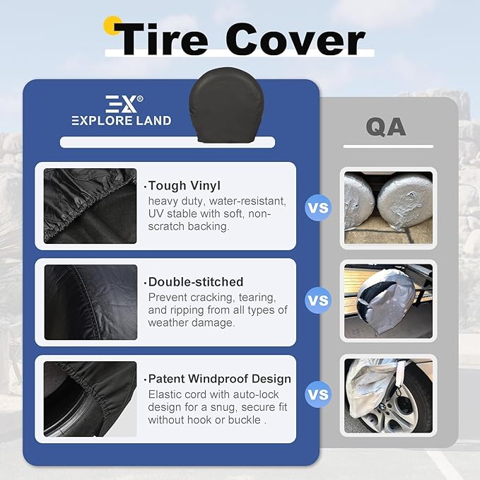 Explore Land Tire Covers 4 Pack - Tough Wheel Protector for Truck, SUV, Trailer, Camper, RV Universal Fits Tire Diameters 39''-42'', Black