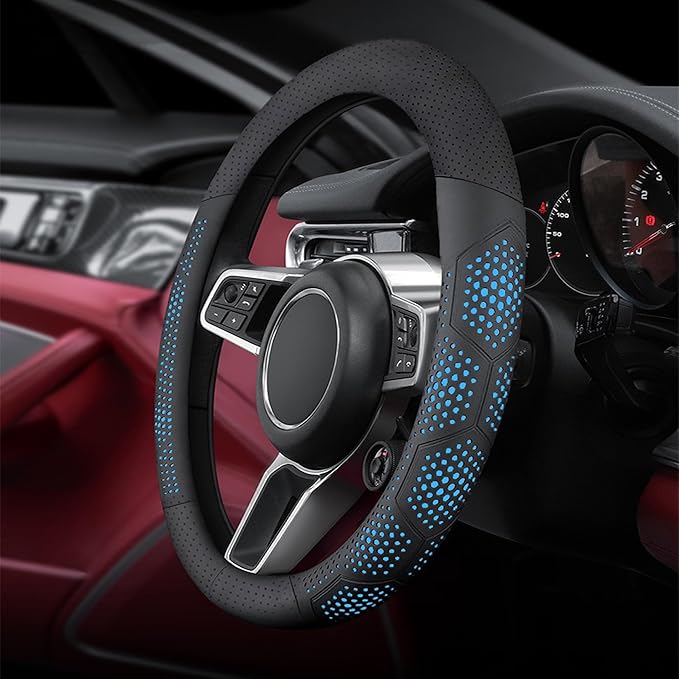Yangday Leather Steering Wheel Cover for Ford F150 F250 F350, 15.5-16 inches Car Steering Wheel Cover with Non-Slip Breathable (Blue)