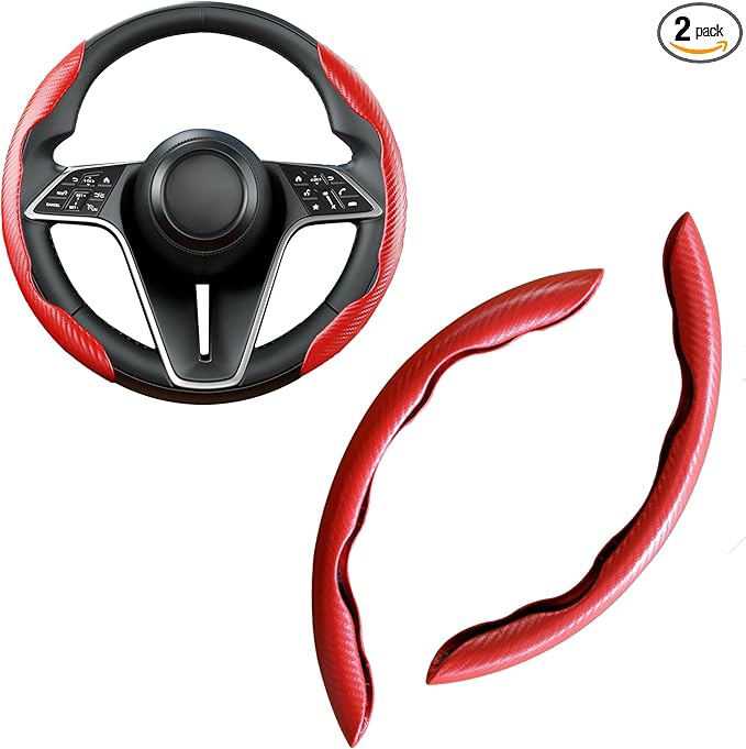 LevChall Carbon Fiber Steering Wheel Cover, 2-Piece Set Anti-Skid Comfortable Grip Segmented Butterfly Design, Easy Snap-On Installation Universal Fit 99% Cars, Red