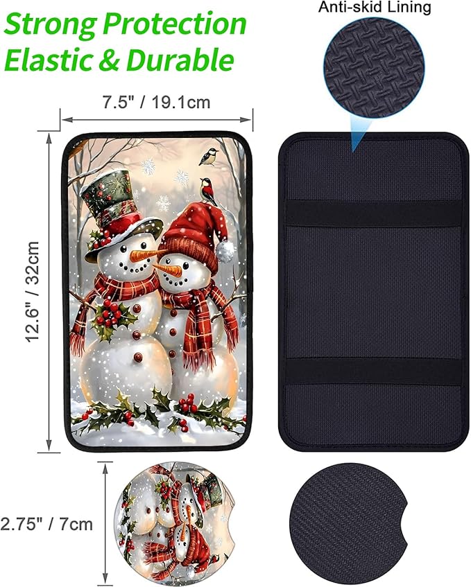 JANENFNA Car Armrest Cover Pads Universal Fashion Cute Auto Center Console Armrest Cover Pad with 2PCS Car Coasters Soft Waterproof Car Armrest Seat Protector for Women,Christmas Snowmen