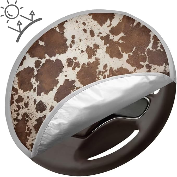 Retro Brown Cow Pattern Dustproof Steering Wheel Sun Shade Steering Wheel UV Reflector Shade Cover Vehicle Accessories for Women Men Universal Fit SUV Truck Car Van