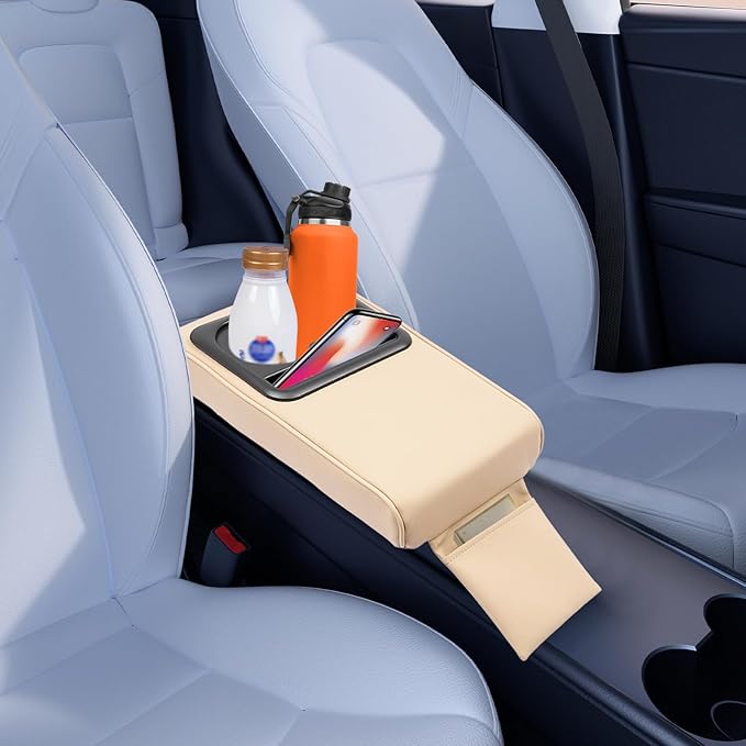 Universal Car Armrest Cushion Pad & Center Console Cover – Premium PU & Sponge, Ergonomic Design with Storage Organizer – Direct Replacement, Cup Holders, Phone Slot, Auto Interior Accessories