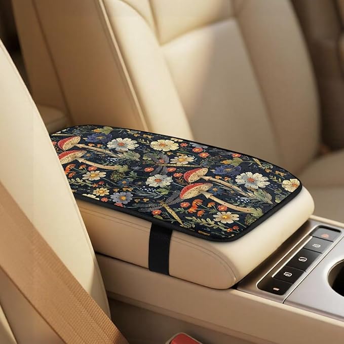 Qeluxign 5 Pieces Car Seat Cover Full Set, Mushroom Floral Seat Covers Car Seatbelt Pads Vehicle Center Console Armrest Cover Pad for Truck SUV Sedan Automotive Interior Decoration Accessorie