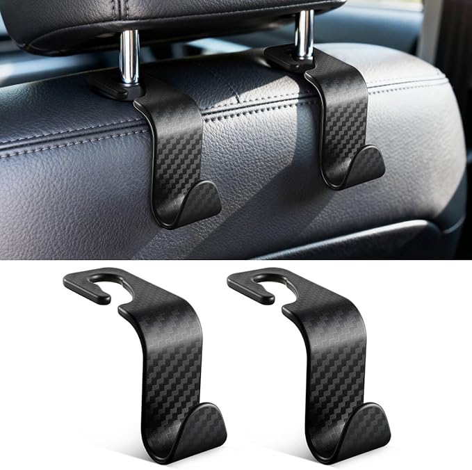 SINGARO Universal 2 Pack Car Seat Headrest Purse Hook, Carbon Fiber Back Seat Hook Storage Organizer Hanger for Purse Handbag Coat, Car Interior Accessories(Black)