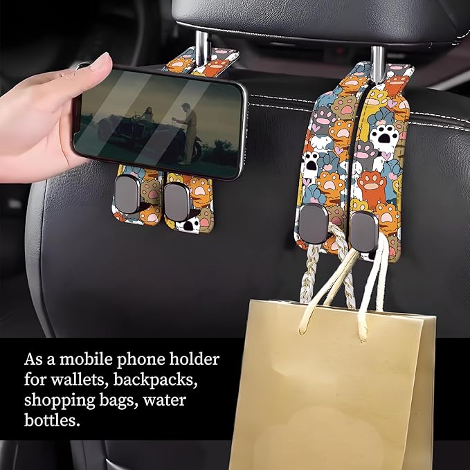 NUGGHU Car Seat Headrest Hook, Universal Leather Cute Hanger Holder Hook, Storage Organizer Interior Accessories for Purse Bags Handbag Cute Colorful Cat Paws